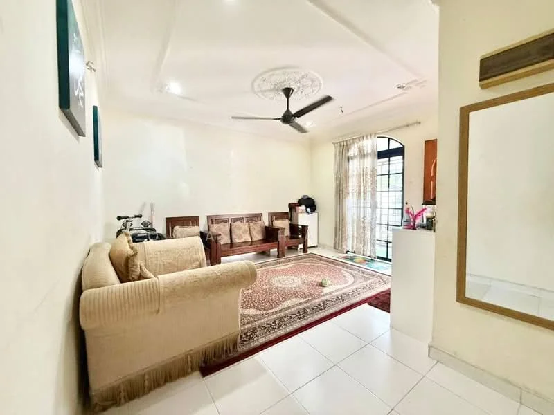 Living features: cream fabric sofa, 3-seater wooden sofa, area rug with geometric pattern, ceiling fan, recessed downlights, wall-mounted mirror, large window with sheer curtains, white painted walls, tile flooring; style: contemporary.