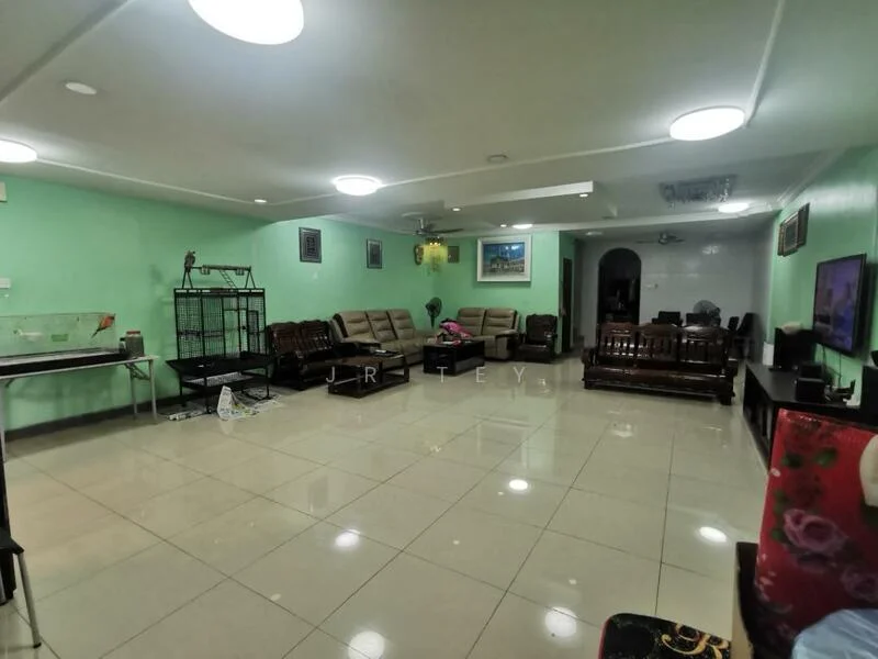 Living features: green painted walls, glossy tile flooring, recessed downlights, 5-blade ceiling fan, two 3-seater leather sofas, wooden coffee table, wooden TV console, wall-mounted TV, decorative artwork on walls, large glass display cabinet, area rug; style: modern.