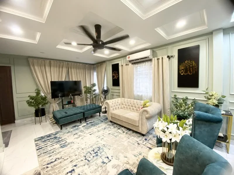 Living features: 5-blade ceiling fan with light, sofa in beige upholstery, 3-seater fabric sofa in teal, coffee table, wall-mounted TV, TV console, area rug with abstract pattern, decorative plants in ceramic pots, framed artwork on walls, curtains in light beige, recessed ceiling lights, crown moulding on ceiling, white marble flooring; style: modern.