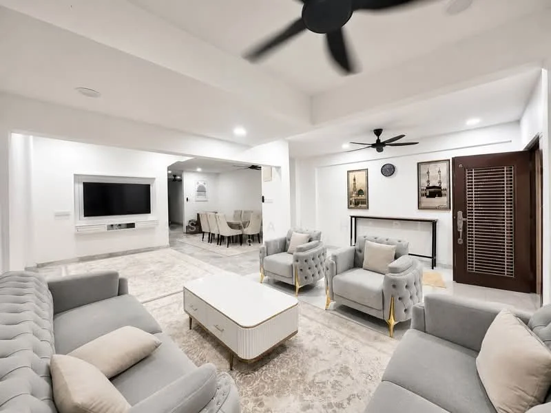 Living features: 3-seater fabric sofa in grey, 2 armchairs in grey, coffee table with white top and wooden base, wall-mounted TV, recessed downlights, 5-blade ceiling fan, marble flooring, white painted walls, decorative wall art, wooden door with slatted design, open layout to dining area; style: modern.