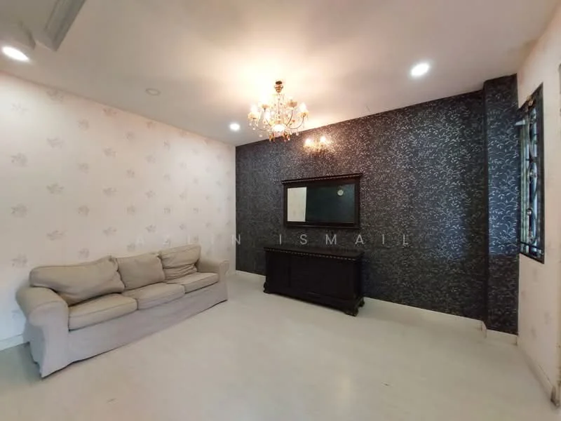 Living features: beige fabric sofa, chandelier, dark wooden console table, mirror on console table, white painted walls, feature wall with dark patterned wallpaper, laminate flooring, window with decorative grille; style: modern.