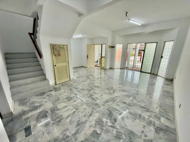 Room features: marble tile flooring, white painted walls, staircase with wooden railing, multiple floor-to-ceiling windows, glass door, ceiling lights, open layout, high ceiling; style: modern.