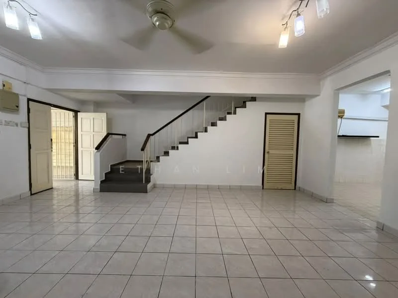 Living features: white painted walls, ceramic tile flooring, 5-blade ceiling fan, recessed downlights, staircase with wooden handrail, double doors leading to hallway, built-in storage cabinet, open layout, large windows for natural light; style: modern.