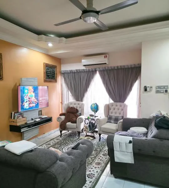 Living features: grey fabric 3-seater sofa, grey fabric 2-seater sofa, 2 upholstered armchairs in cream, coffee table with decorative globe, wall-mounted TV, area rug with intricate pattern, white ceiling with crown moulding, recessed downlights, 1 wall-mounted split AC, floor-to-ceiling windows with sheer curtains, orange painted accent wall, white tiled flooring; style: modern.
