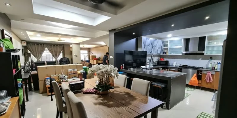 Kitchen features: black countertop, stainless-steel sink, chrome pull-down faucet, built-in oven, freestanding range oven, microwave, kitchen island, open shelving, cabinets with wood finish, tile backsplash, recessed downlights; style: modern. Dining features: wood dining table, upholstered dining chairs, decorative centerpiece, area rug, wall-mounted TV, 5-blade ceiling fan; style: modern. Living features: sofa, coffee table, TV console, decorative plants, curtains, ceiling fan; style: modern.