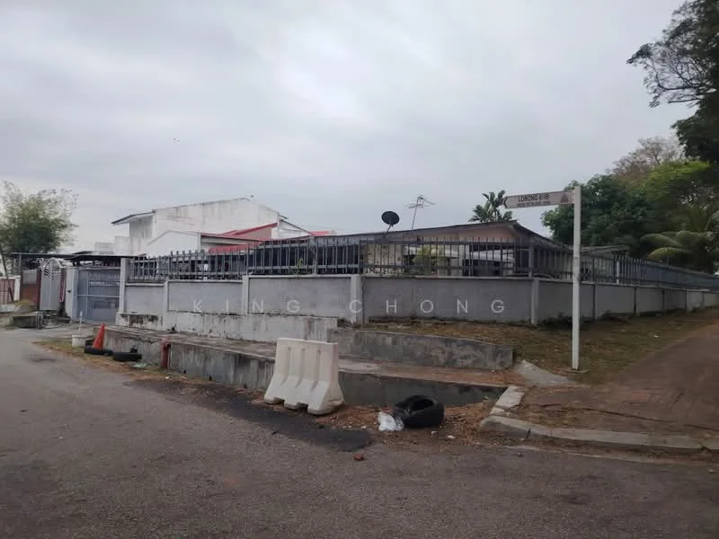 Exterior type: detached bungalow; features: white painted facade, fenced perimeter, single-storey, manicured lawn, paved driveway, satellite dish, street signage, surrounded by greenery; style: modern.