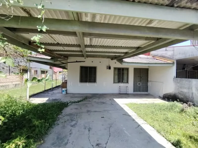 Exterior type: detached bungalow; features: covered car porch, concrete flooring, metal roof, grassy area, fenced yard, windows with security bars, exterior wall with light color, surrounding greenery; style: modern.