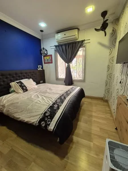 Bedroom features: queen-size bed with black bedding, upholstered headboard, wooden flooring, blue accent wall, white painted walls, ceiling fan, wall-mounted TV, curtains, air conditioning unit, decorative wall art, bedside table; style: modern.