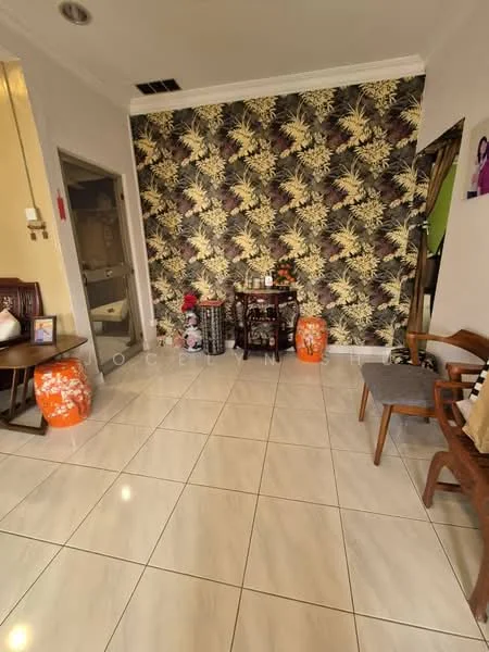 Room features: floral wallpaper, white tiled flooring, wooden chairs, small wooden table, decorative orange ceramic stools, mirror on wall, decorative plants, framed artwork on wall; style: modern.