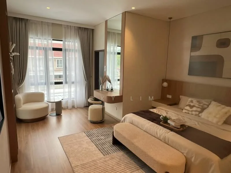 Bedroom features: queen-size bed with beige bedding, upholstered headboard, bedside lamps, large window with sheer curtains, wooden flooring, area rug with geometric pattern, wall-mounted TV, dressing table with mirror, accent chair in cream, small side table, decorative plant, built-in wardrobe; style: modern; view: garden.
