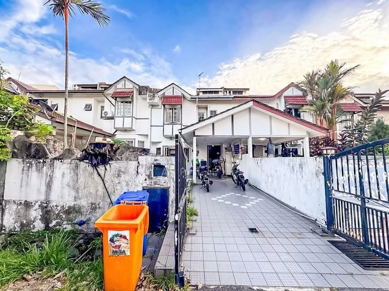 Exterior type: linked terrace house; features: white painted facade, red tiled roof, single-storey, manicured lawn, paved walkway, gated entry, security gate, outdoor lighting, surrounded by greenery, parking space for motorcycles; style: modern.