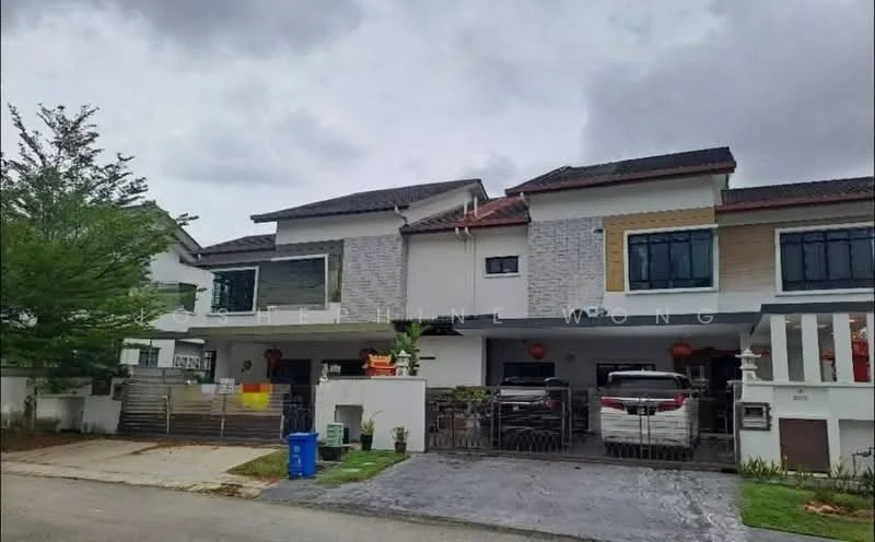 Exterior type: semi-detached house; features: white painted facade, grey stone cladding, flat roof, double-storey, manicured lawn, paved driveway, car porch with awning, decorative lanterns, surrounded by greenery; style: modern.