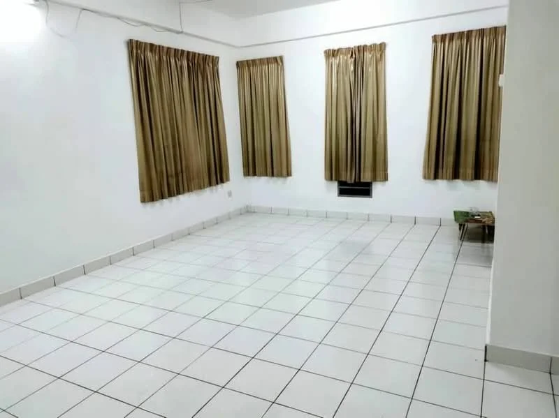 Living features: white painted walls, ceramic tile flooring, floor-to-ceiling windows with brown curtains, air conditioning unit, recessed ceiling lights.