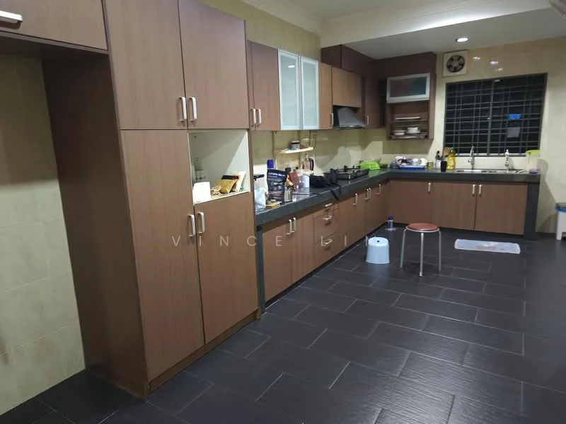 Kitchen features: brown wooden cabinetry, black granite countertop, stainless-steel sink, chrome pull-down faucet, built-in oven, freestanding gas range oven, microwave, tile backsplash, dark ceramic tile flooring, recessed downlights, window with black grille, open shelving, kitchen island, bar stool; style: modern.