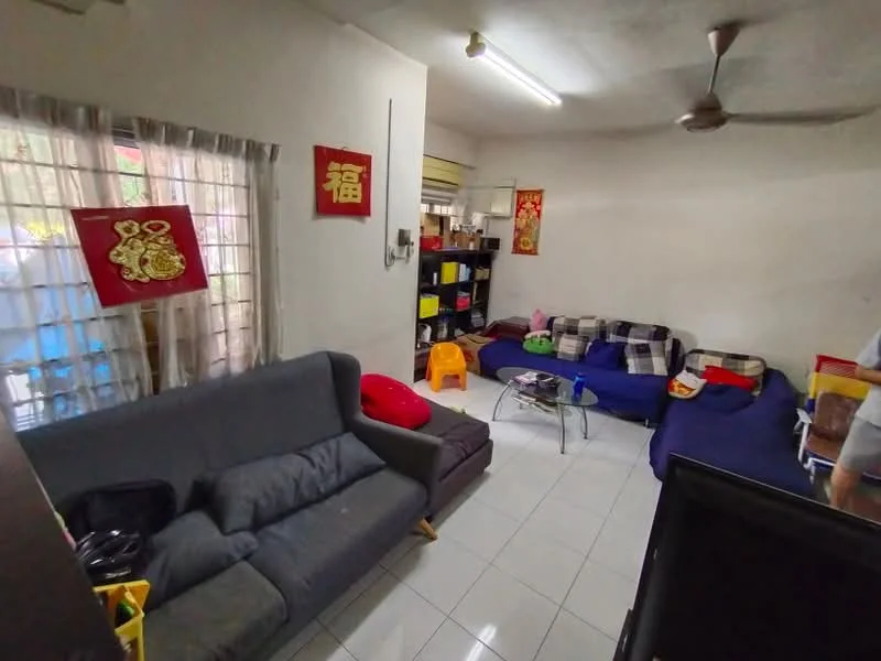 Living features: grey fabric 3-seater sofa, blue fabric L-shape sectional sofa, glass coffee table, white tiled flooring, ceiling fan, curtains, shelves with storage boxes, decorative wall art, wall-mounted TV, area rug.