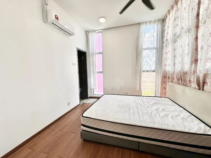 Bedroom features: wooden flooring, white painted walls, floor-to-ceiling windows, sheer curtains, 1 wall-mounted split AC, queen-size bed, upholstered bed frame, ceiling fan; style: modern; view: garden.