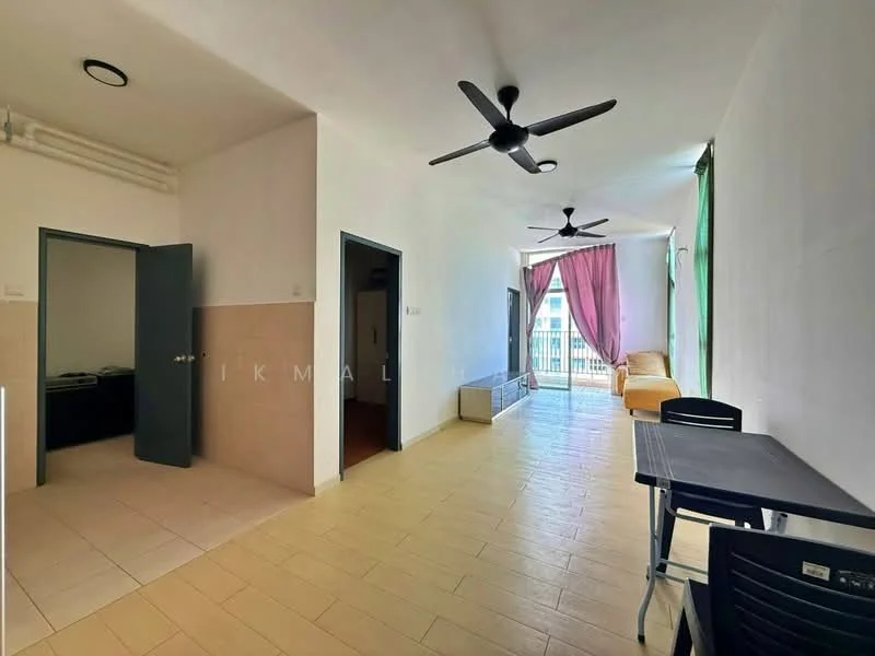 Living features: light-colored tiled flooring, white painted walls, two ceiling fans, large windows with green curtains, sofa in beige, dining table with black chairs, balcony access, natural light from windows; style: modern; view: garden. Room features: light-colored tiled flooring, white painted walls, doorway leading to another room.