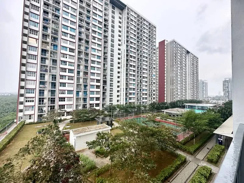 Exterior type: high-rise condominium; features: multiple high-rise buildings, landscaped garden area, tennis court, swimming pool, manicured lawn, paved walkway, surrounding greenery; style: modern.