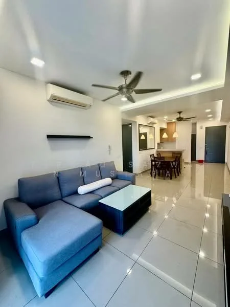 Living features: L-shape sectional sofa in grey, coffee table with glass top, wall-mounted TV, 2 ceiling fans, recessed LED downlights, white painted walls, glossy tile flooring, open layout to kitchen, shelf mounted on wall, air conditioning unit; style: modern.