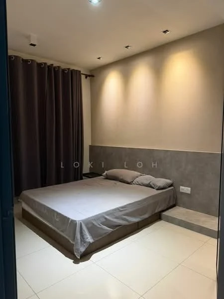 Bedroom features: queen-size bed, grey bedspread, two grey pillows, cream painted walls, grey accent wall, recessed downlights, floor-to-ceiling curtains in dark grey, tile flooring; style: modern.