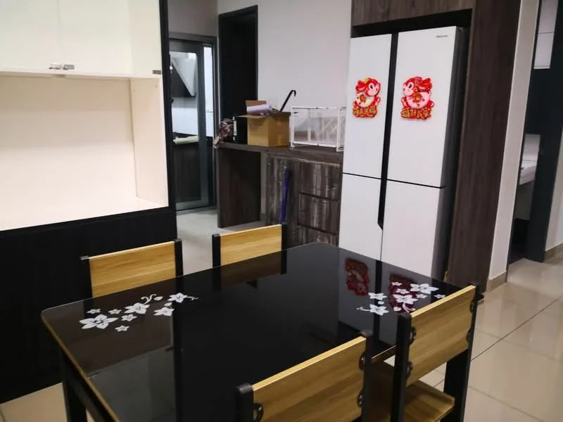 Dining features: black glass dining table, 4 wooden dining chairs, white cabinetry, stainless-steel fridge, kitchenette with countertop, tile flooring, neutral wall colour, open layout to kitchen; style: modern.