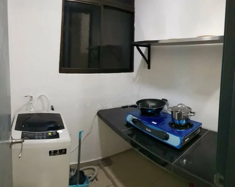 Laundry features: top-load washing machine, black countertop, gas stove with blue base, black frying pan, metal pot, window with black frame, white painted walls, tile flooring.