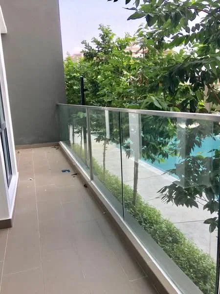Room features: glass railing, tiled flooring, greenery view, pool view, concrete wall, outdoor space, potted plants, balcony; style: modern; view: pool.