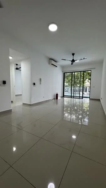 Living features: white painted walls, glossy ceramic tile flooring, 5-blade ceiling fan with light, wall-mounted split AC, floor-to-ceiling sliding glass door, natural light from large windows, fire extinguisher, recessed downlights; style: modern; view: garden.