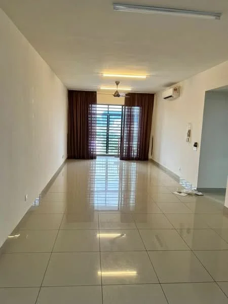 Living features: white painted walls, glossy ceramic tile flooring, 5-blade ceiling fan with light, floor-to-ceiling windows, brown curtains, air conditioning unit, recessed ceiling lights; style: modern; view: city.