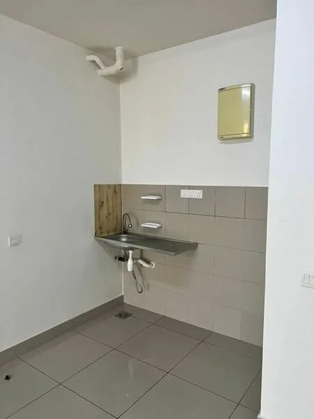 Laundry features: stainless-steel sink, wall-mounted faucet, grey tiled backsplash, white painted walls, grey floor tiles, drainage pipe visible, wooden panel accent, wall-mounted electrical panel; style: modern.