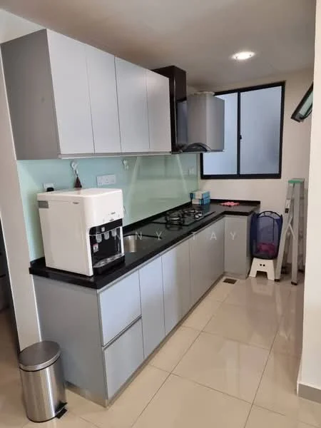 Kitchen features: grey cabinetry, black granite countertop, single-bowl stainless-steel sink, chrome pull-down faucet, 4-burner gas hob, built-in range hood, white microwave, kitchen trash bin, tile flooring, green glass backsplash, window with black frame, step ladder, blue laundry basket; style: modern.
