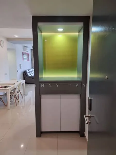 Room features: built-in display cabinet with backlighting, white cabinetry, grey frame, recessed lighting, glossy tile flooring, open layout, neutral wall color, modern design; style: modern.