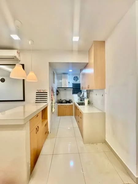 Kitchen features: white quartz countertop, light wood cabinetry, single-bowl stainless-steel sink, chrome pull-down faucet, built-in oven, freestanding range oven, ceramic tile flooring, recessed LED downlights, pendant lights, wall-mounted split AC, open shelving, kitchen island, white painted walls; style: modern.