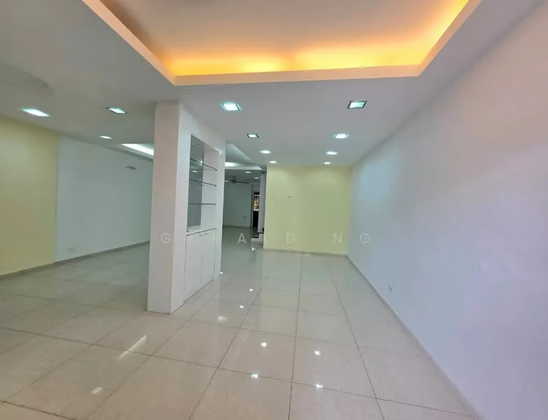 Room features: white painted walls, cream accent wall, polished ceramic tile flooring, recessed LED downlights, cove lighting on ceiling, open layout, built-in cabinetry, large open space; style: modern.
