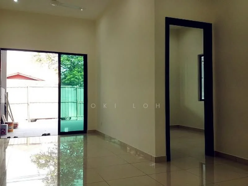 Room features: cream painted walls, glossy tile flooring, sliding glass door, floor-to-ceiling windows, natural light from windows, open layout, view of outdoor space, neutral color scheme; style: modern; view: garden.
