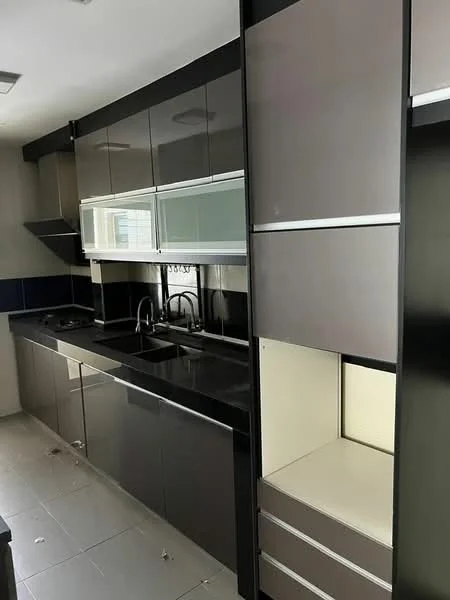 Kitchen features: black granite countertop, dark grey cabinetry with glossy finish, double-bowl stainless-steel sink, chrome pull-down faucet, built-in stove, glass backsplash, under-cabinet lighting, open shelving, drawer storage, tile flooring; style: modern.