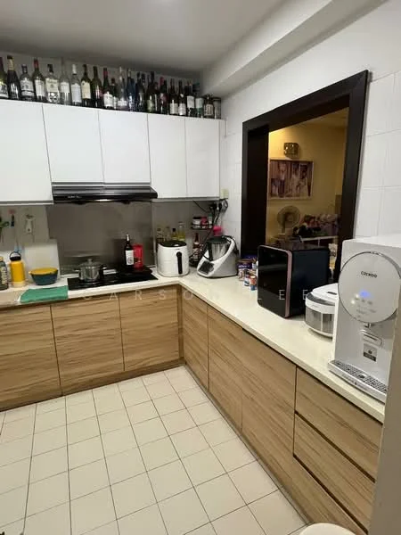 Kitchen features: white upper cabinets, wooden lower cabinets, white countertop, stainless-steel sink, chrome pull-down faucet, built-in oven, microwave, toaster, kettle, dishwasher, ceramic tile flooring, wall-mounted range hood, bottles on shelf, recessed lighting; style: modern.