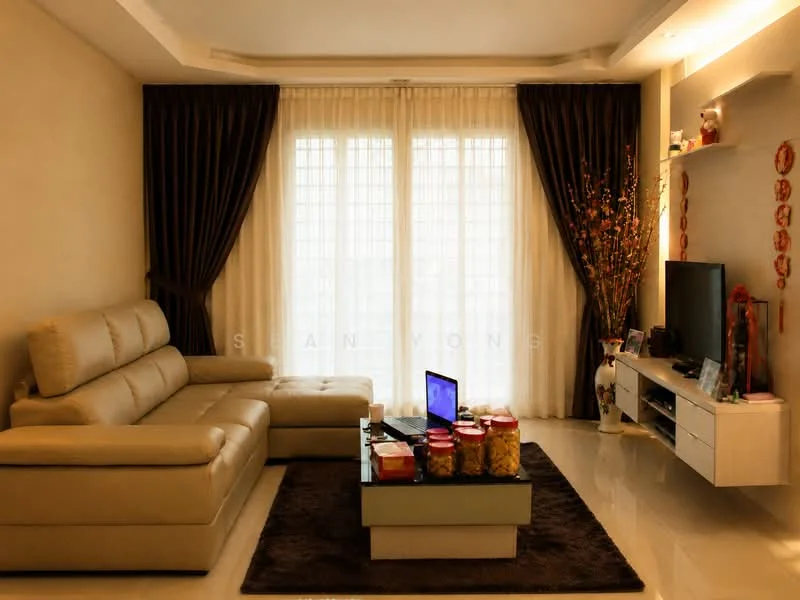 Living features: L-shape sectional sofa in beige, coffee table with storage, wall-mounted TV, TV console, area rug, floor-to-ceiling windows, sheer curtains, dark brown curtains, decorative wall shelf, decorative plants, wall decor, recessed lighting, cream painted walls, polished tile flooring; style: modern.