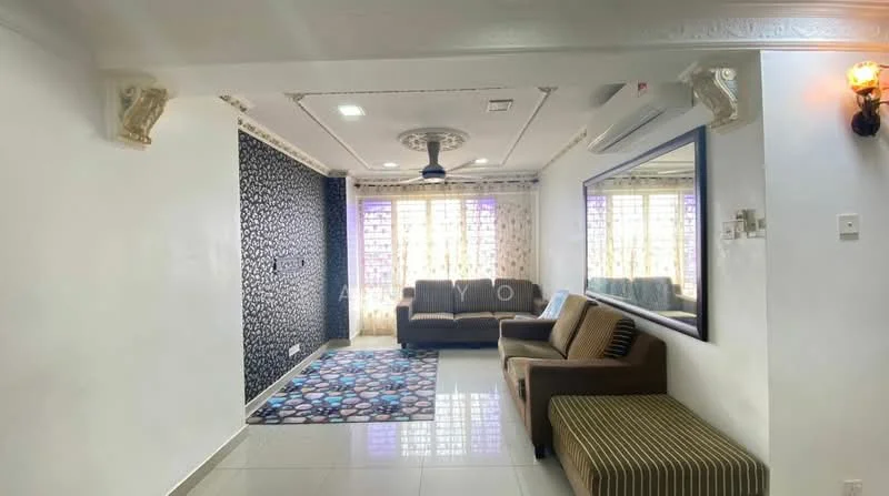 Living features: white painted walls, black accent wall with patterned design, polished ceramic tile flooring, tray ceiling with decorative moulding, 5-blade ceiling fan with light, large windows with sheer curtains, sofa in brown fabric, striped upholstered bench, area rug with geometric pattern, wall-mounted mirror, wall sconce lighting; style: modern.