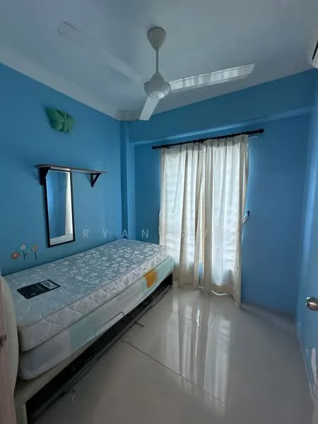 Bedroom features: blue painted walls, white ceiling, single bed, bedside table, mirror on wall, curtains, ceiling fan, marble flooring, air conditioning unit.