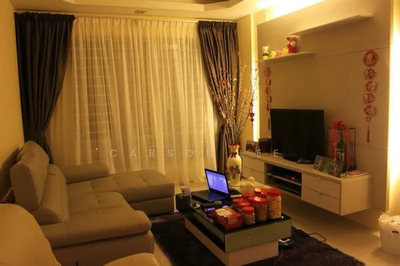 Living features: L-shape sectional sofa in light grey, coffee table with dark surface, wall-mounted TV, TV console with storage, floor-to-ceiling sheer curtains, decorative vase with branches, decorative wall art, area rug, LED lighting, wall-mounted shelves; style: modern.