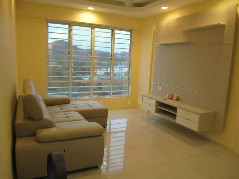 Living features: 3-seater fabric sofa in beige, wall-mounted TV console, flat-panel TV unit, cream painted walls, glossy tile flooring, recessed downlights, floor-to-ceiling windows, city view; style: modern; view: city.
