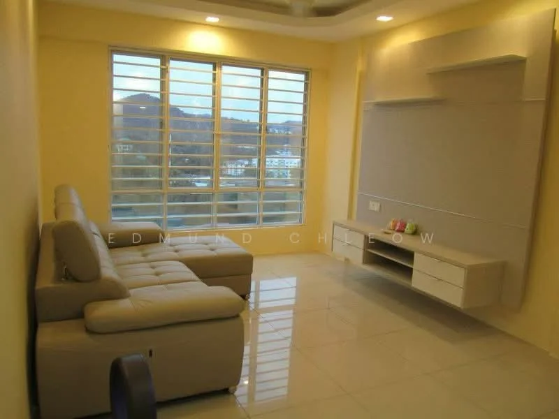 Living features: cream painted walls, glossy ceramic tile flooring, 5-blade ceiling fan with light, floor-to-ceiling windows, light wood TV console, light wood wall-mounted shelf, beige sectional sofa, decorative items on console; style: modern; view: city.