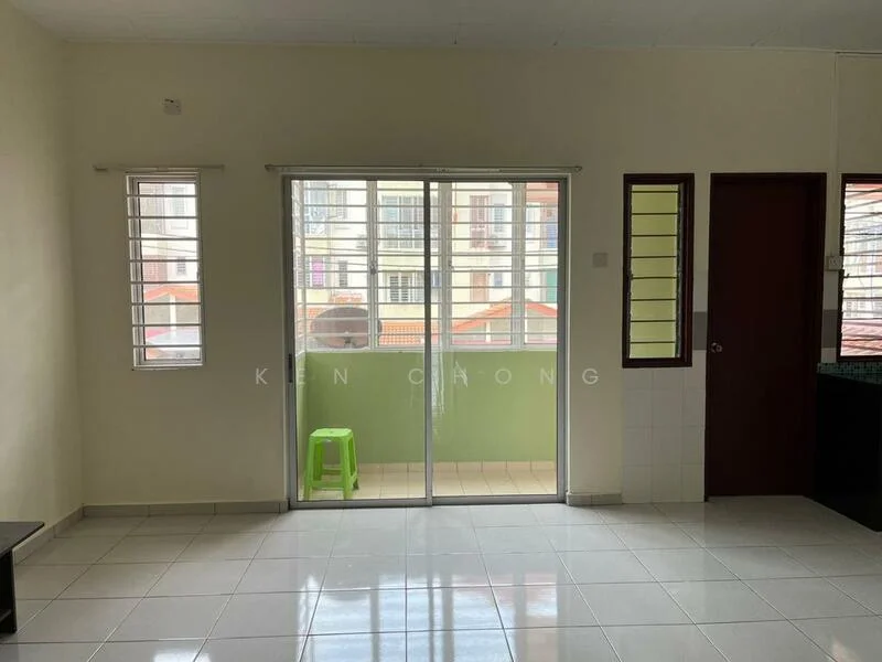 Room features: white painted walls, glossy ceramic tile flooring, sliding glass door, floor-to-ceiling windows, green balcony with railing, window with horizontal slats, light switch, door to another room; style: modern; view: city.
