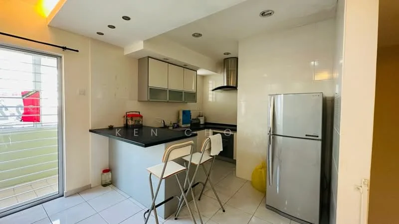 Kitchen features: white cabinetry, black countertop, stainless-steel fridge, built-in oven, stainless-steel range hood, 2 bar stools, ceramic tile flooring, recessed downlights, single-bowl stainless-steel sink, chrome pull-down faucet, wall-mounted cabinets, open layout, window with horizontal blinds; style: modern.