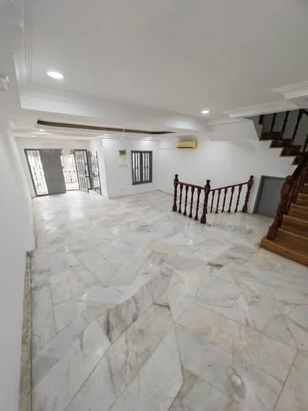 Room features: marble flooring, white painted walls, tray ceiling with recessed lighting, 1 wall-mounted split AC, wooden staircase, wooden railing, large windows, open layout; style: modern.
