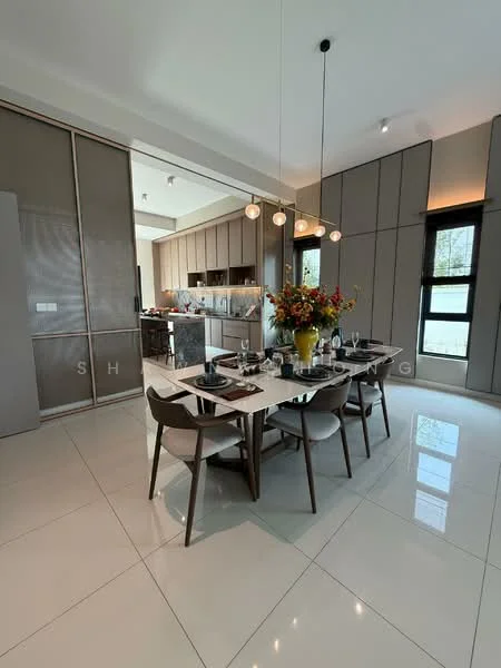 Dining features: 6-seater dining table, upholstered dining chairs, white ceramic plates, glass vase with flowers, pendant lighting, large windows with black frames, white tiled flooring, grey cabinetry in background, open kitchen layout; style: modern. Kitchen features: grey cabinetry, stainless-steel appliances, open-plan layout, white countertops; style: modern.
