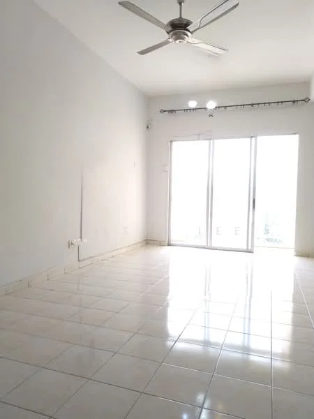 Living features: white painted walls, glossy ceramic tile flooring, 5-blade ceiling fan with light, sliding glass door, floor-to-ceiling windows, natural light from windows, curtain rod, neutral color scheme; style: modern; view: city.