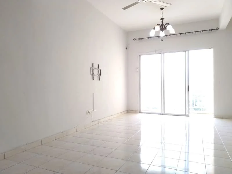 Living features: white painted walls, glossy ceramic tile flooring, ceiling fan with light, sliding glass door, floor-to-ceiling windows, natural light from windows, wall-mounted TV bracket, curtain rod; view: city.