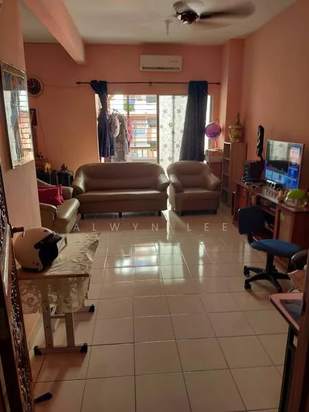 Living features: cream painted walls, glossy tile flooring, 5-blade ceiling fan, two 3-seater leather sofas in beige, coffee table, TV console, wall-mounted TV, curtains, decorative wall art, desk with chair, open shelving unit; style: modern.